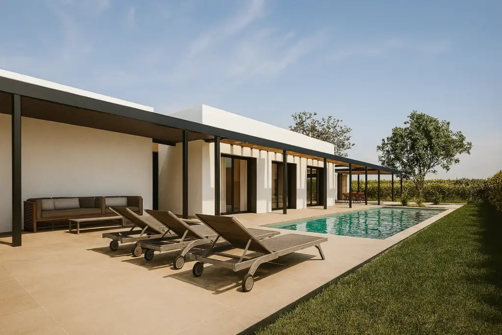 CASA CG es una vivienda unifamiliar aislada ubicada en el municipio de Sant Josep de Sa Talaia, en la isla de Eivissa, sobre una parcela rectangular en suelo urbano con topografía plana. La vivienda responde a una planificación eficiente que integra el programa funcional en tres volúmenes diferenciados, organizados de manera fluida y jerárquica, lo que permite una interacción optimizada entre los espacios interiores y exteriores.