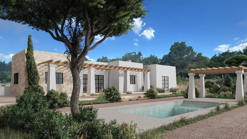 Entre los bancales de piedra seca y el murmullo de los almendros, emerge CASA CF como una presencia tranquila en el paisaje de Santa Eulària des Riu. No es una casa que pretende imponerse, sino acompañar al territorio, respirando con él y dejándose atravesar por la luz y el aire mediterráneo.